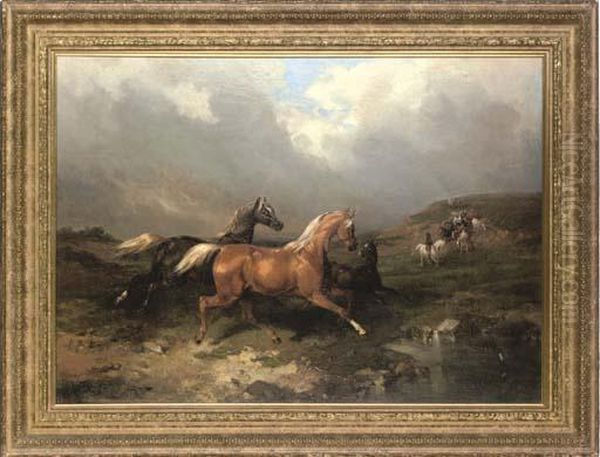 Gathering In The Horses Oil Painting by Charles Philogene Tschaggeny