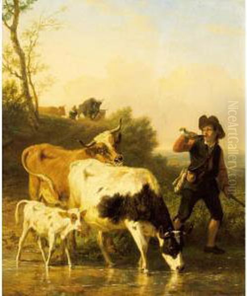 Tending The Herd Oil Painting by Edmond Jean Baptiste Tschaggeny