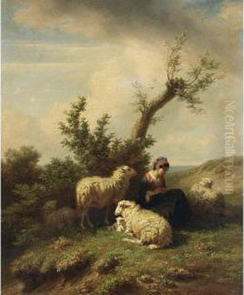 A Shepherdess And Her Flock Oil Painting by Edmond Jean Baptiste Tschaggeny