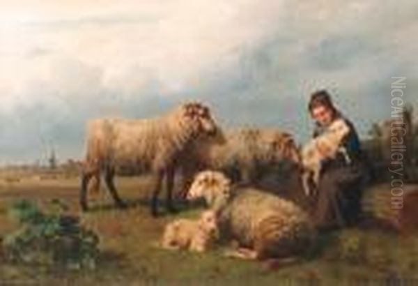 The Newborn Lamb Oil Painting by Edmond Jean Baptiste Tschaggeny