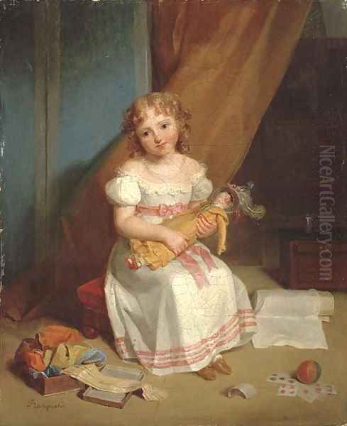 Portrait of a young girl, full-length, in a nursery holding a doll with cards, a ball, and ribbons Oil Painting by Jean Augustin Franquelin