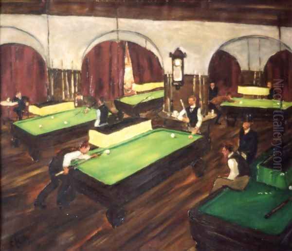 Game Room Carom 1910 Oil Painting by Jeno FEIKS