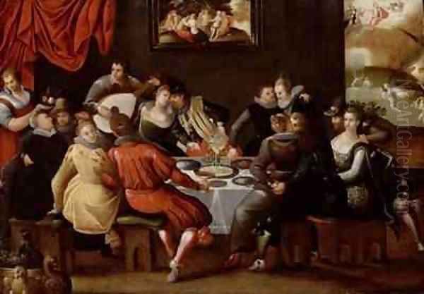 Elegant Figures Feasting and Disporting at a Table with the Last Judgement in the Background Oil Painting by Hieronymus II Francken