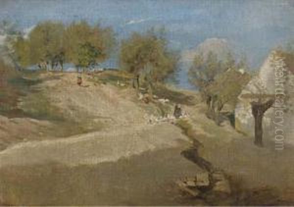 Am Brauberg Im Hopfgarten: Figures With Geese On A Sunlithill Oil Painting by Paul Wilhelm Tubbecke