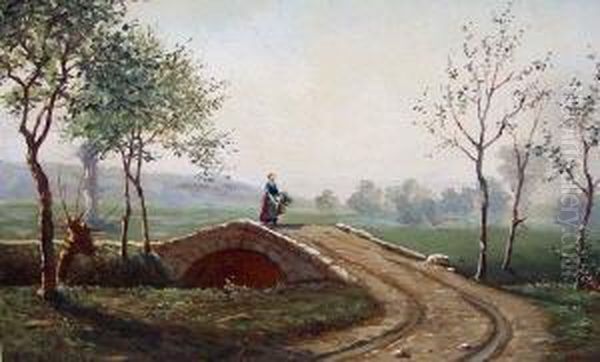 Weite Landschaft Bei Weimar, Mit Steinbrucke Uber Die Eine Frau Mit Tragkorb Geht Oil Painting by Paul Wilhelm Tubbecke