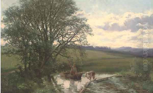 Meadow scene at Carrie Bridge, near Blairgowrie Oil Painting by David Farquharson