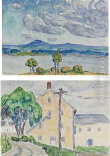 Landscape With Lake And 
Mountains And Landscape With House And Tree: A Pair Of Watercolors Oil Painting by Allen Tucker