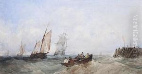 Fishermen In A Rowing Boat, Before Three Fishing Boats In A Choppy Sea Oil Painting by Edward Tucker