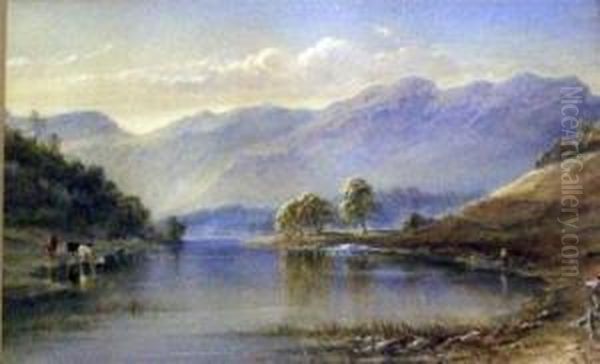 Figures And Cattle By A Lake, Mountains Beyond Oil Painting by Edward Tucker