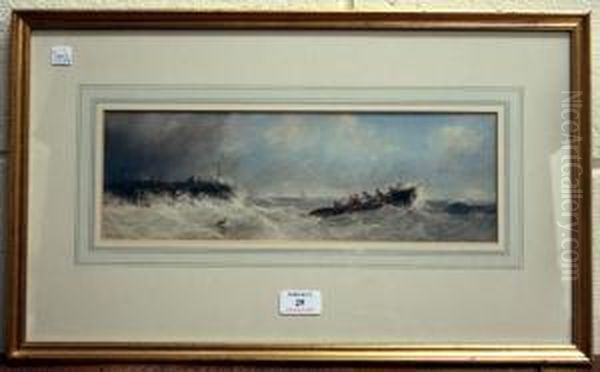 Figures In A Rowing Boat On Choppy Waters Near A Harbour Wall Oil Painting by Edward Tucker