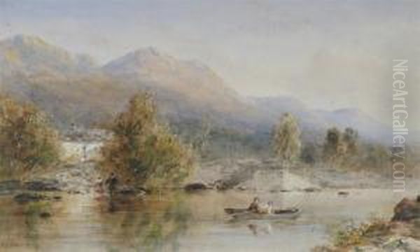 Boating On A River In A Mountainous Landscape Oil Painting by Edward Tucker