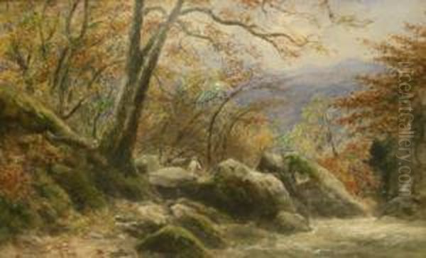 Lakeland Stream With Fisherman And A Companion View Oil Painting by Edward Tucker