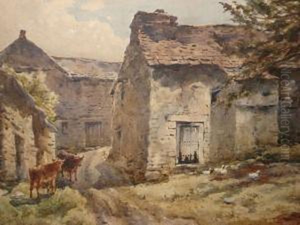 Cattle And Ducks In A Farmyard Scene Oil Painting by Edward Tucker