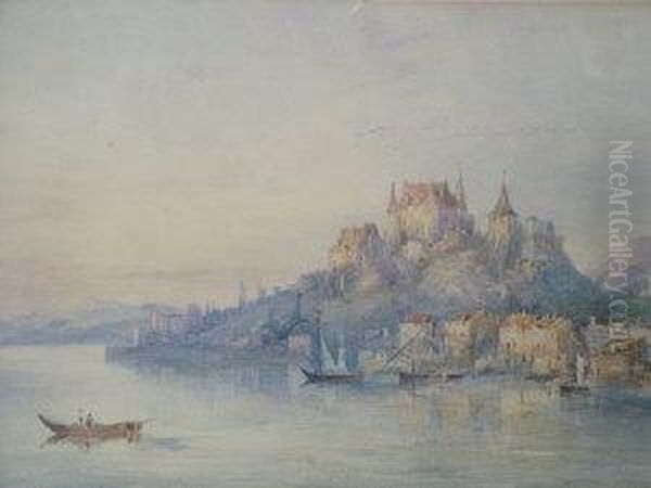 19th Century- Fishing Vessels 
Off A European Town With A Castle On A Mountaintop; 
Watercolour,25.5x37cm Oil Painting by Edward Tucker