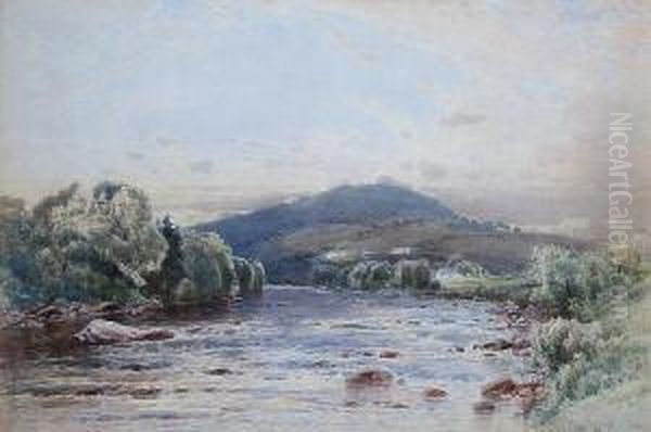 River Landscape With Houses On A Hillside Oil Painting by Frederick Tucker