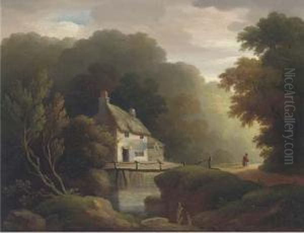 Near Exeter; And Figure By A Cottage In A Woodland Landscape Oil Painting by John Wallace Tucker