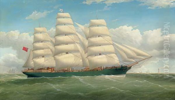 The Three-masted Clipper Ship 
England's Glory With A Lighthouse And Other Shipping In The Distance Oil Painting by Frederick Tudgay