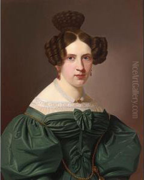 A Portrait Of Emilie Feustell, Depicted Half Length Wearing A Green Lace Lined Dress Oil Painting by Christian Tunica