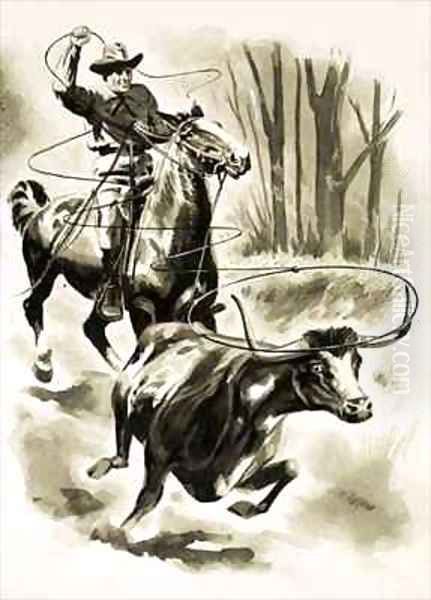 A cowboy ropes a steer from horseback with a lasso Oil Painting by Henry Charles Fox