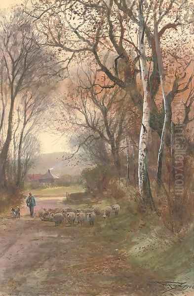 A shepherd and his flock wandering down a rural lane Oil Painting by Henry Charles Fox