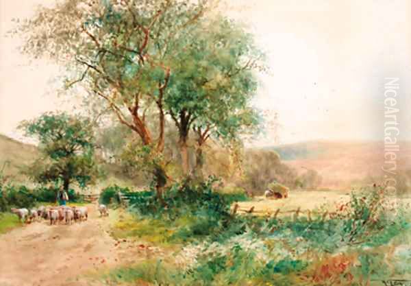 A shepherd driving sheep down a country lane with the harvesters beyond Oil Painting by Henry Charles Fox