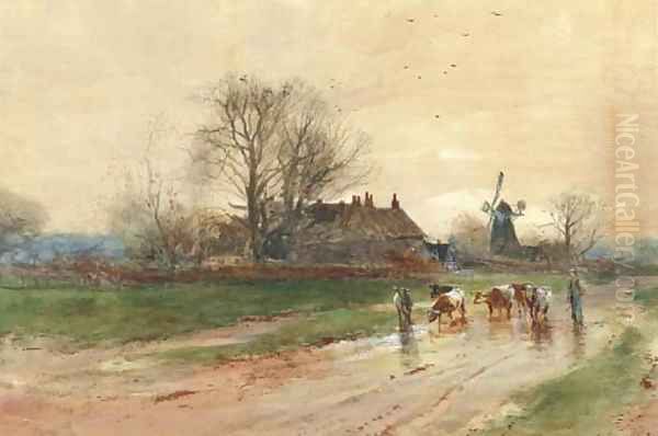 Droving cattle on a rural path Oil Painting by Henry Charles Fox