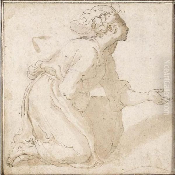 Study Of A Kneeling Woman, Seen In Profile To The Right Oil Painting by Alessandro Turchi