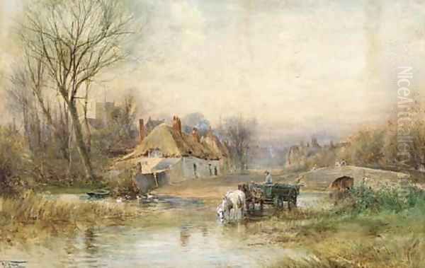 Horses pulling cart watering in a river by a rural village Oil Painting by Henry Charles Fox