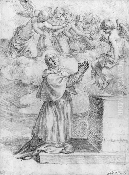 A Bishop Saint Praying At An Altar With Angels Above Oil Painting by Alessandro Turchi