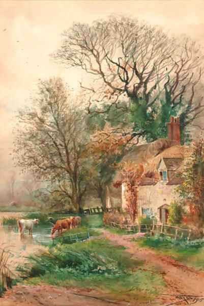 Old cottages at Burpham, Sussex Oil Painting by Henry Charles Fox