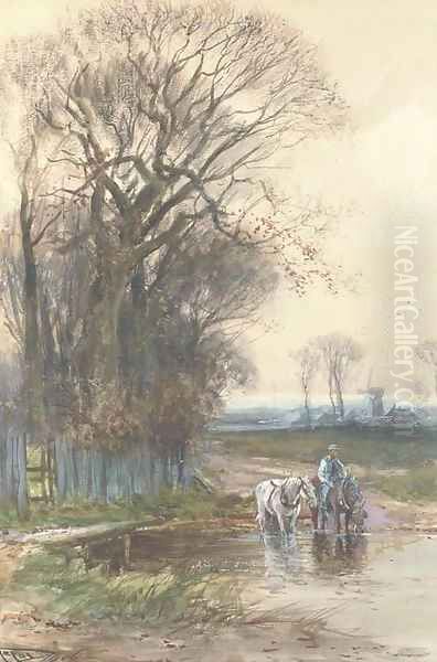 The plough team watering at the ford Oil Painting by Henry Charles Fox