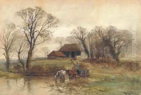 A horse-drawn cart crossing a ford Oil Painting by Henry Charles Fox