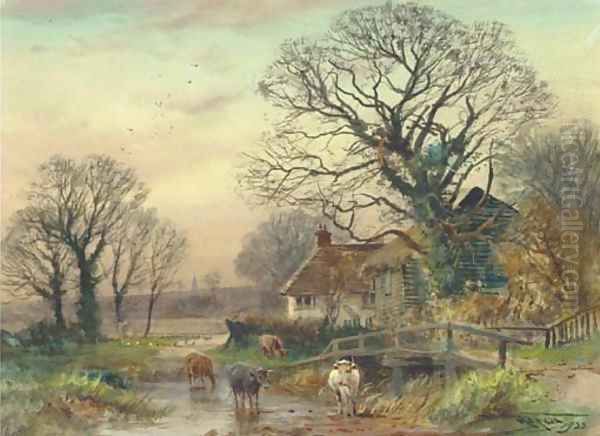 Cattle crossing a ford at Fordingbridge, Hampshire Oil Painting by Henry Charles Fox