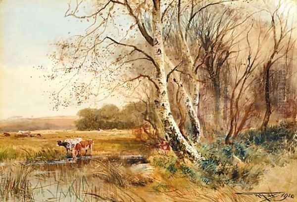 Cattle watering Oil Painting by Henry Charles Fox