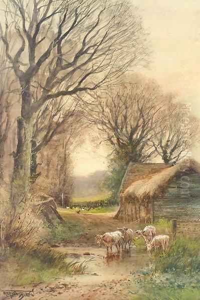 Cattle watering by a barn Oil Painting by Henry Charles Fox