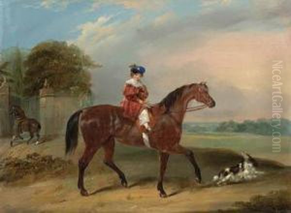 A Child On A Bay Horse With A Spaniel Outside The Grounds Of Anestate Oil Painting by Francis Calcraft Turner