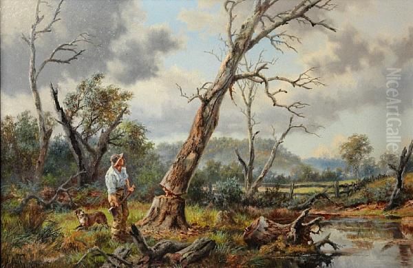 A Man Felling A Tree In A Wooded Landscape Oil Painting by James Alfred Turner