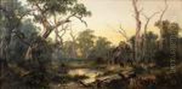 Kangaroos At A Billabong Oil Painting by James Alfred Turner