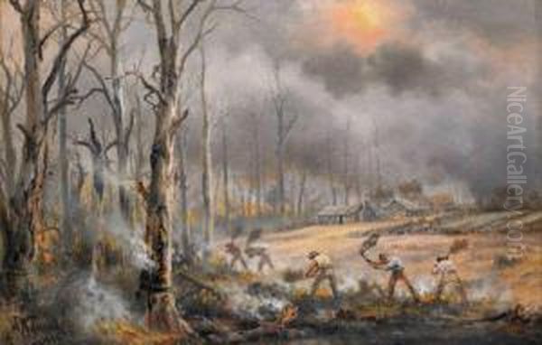 Fighting The Bushfire Oil Painting by James Alfred Turner