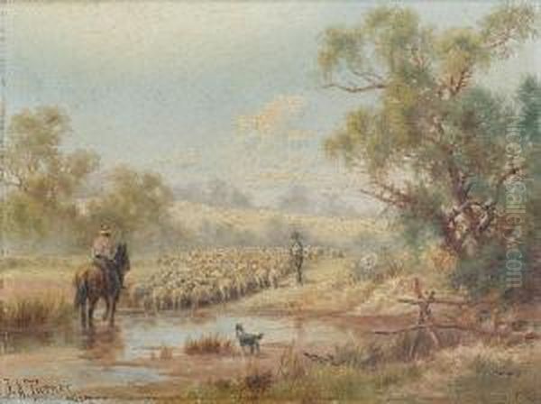 A Flock Crossing A Ford; The Broken Fence, A Pair Oil Painting by James Alfred Turner