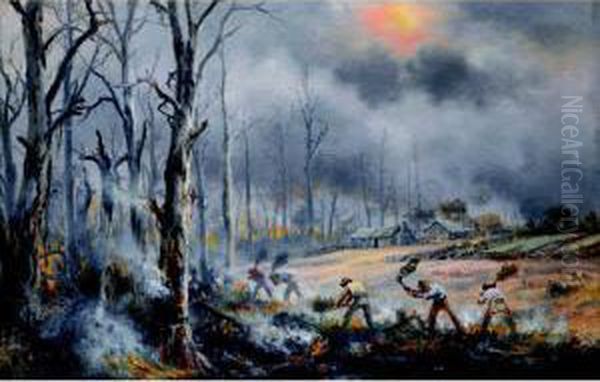 Fighting The Bushfire Oil Painting by James Alfred Turner