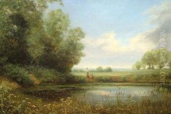 Figures By The Shores Of A River With Woodland And Fields Beyond Oil Painting by James Alfred Turner