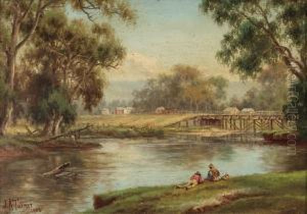 Central Victorian River Landscape With Bridge Oil Painting by James Alfred Turner