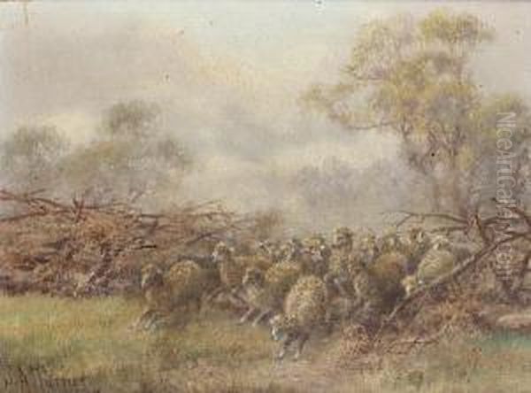 A Flock Crossing A Ford; The Broken Fence, A Pair Oil Painting by James Alfred Turner