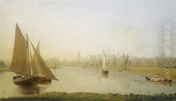 On The River, By Christchurch Meadow, Oxford Oil Painting by William Turner