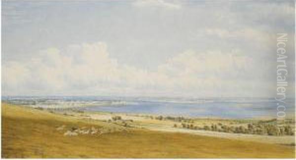 A View Of Hayling Island, 
Hampshire, Seen From The South Downs,with The Spire Of Chichester 
Cathedral In The Far Distance Oil Painting by William Turner