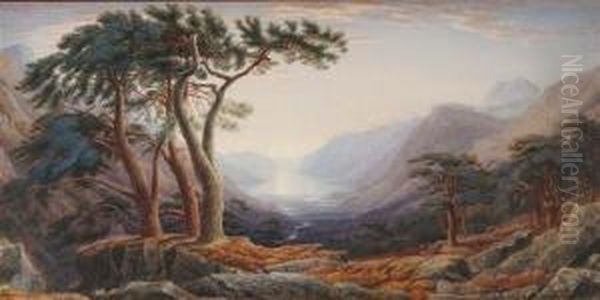 A Loch At Sunset From A Wooded And Rocky Bankwith A Multitude Of Resting Deer Oil Painting by William Turner