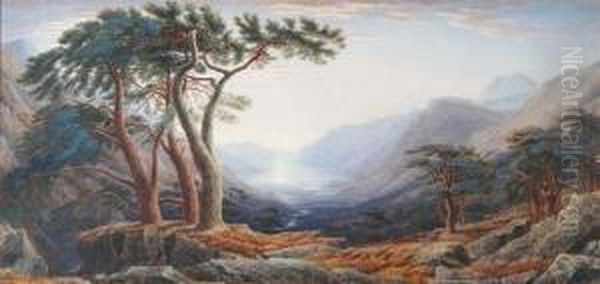 A Loch At Sunset From A Wooded And Rocky Bank With A Multitude Of Resting Deer Oil Painting by William Turner