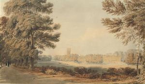 View Of Magdalen College, 
Oxford, From Addison's Walk With Thomasisherwood, George Chaplin And 
John Rouse Bloxam In Theforeground Oil Painting by William Turner