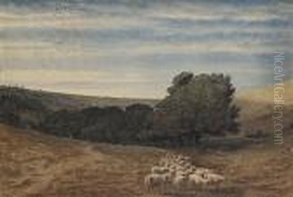 A Young Girl With A Flock Of Sheep Oil Painting by William Turner